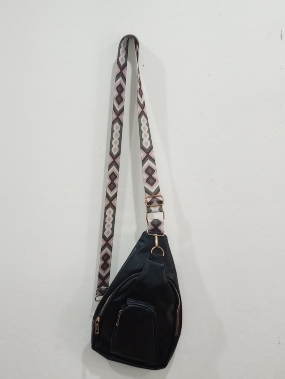 Black Vegan Leather Sling Bag Crossbody Bag With Decorative Strap